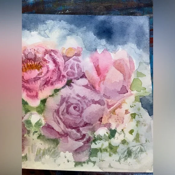 Floral Watercolor Painting Original Art Flower Bouquet Still Life home Decor - Picture 3 of 5